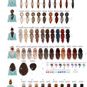 May include: A set of 76 digital illustrations of different hairstyles for women. The hairstyles are in various colors and styles, including ponytails, buns, and braids. The illustrations are perfect for use in digital art, scrapbooking, and other creative projects.