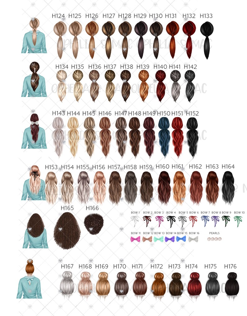 May include: A set of 76 digital illustrations of different hairstyles for women. The hairstyles are in various colors and styles, including ponytails, buns, and braids. The illustrations are perfect for use in digital art, scrapbooking, and other creative projects.