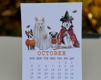 Calendario de escritorio divertido para perros 2026 con caballete opcional, temática de perros, ilustración de acuarela, pequeño calendario de pie para oficina, hogar o regalo.