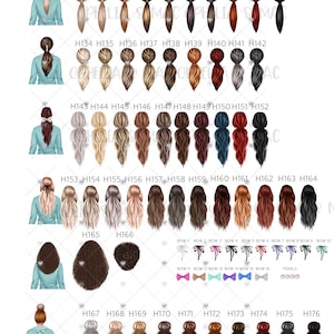 May include: A collection of illustrated hairstyles and accessories, including ponytails, buns, and bows, in various colors. The image includes text labels such as "H124" to "H176" and "BOW 1" to "BOW 16".