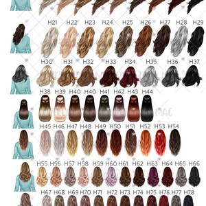 Puede incluir: Una colecci&oacute;n de 123 estilos de cabello diferentes para mujeres. Los estilos de cabello se muestran desde la parte posterior y est&aacute;n dispuestos en filas. Los colores de cabello van del rubio al negro y al rojo.