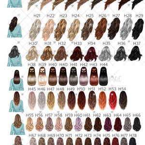 May include: A collection of 123 different hair styles for women. The hair styles are shown from the back and are arranged in rows. The hair colors range from blonde to black and red.