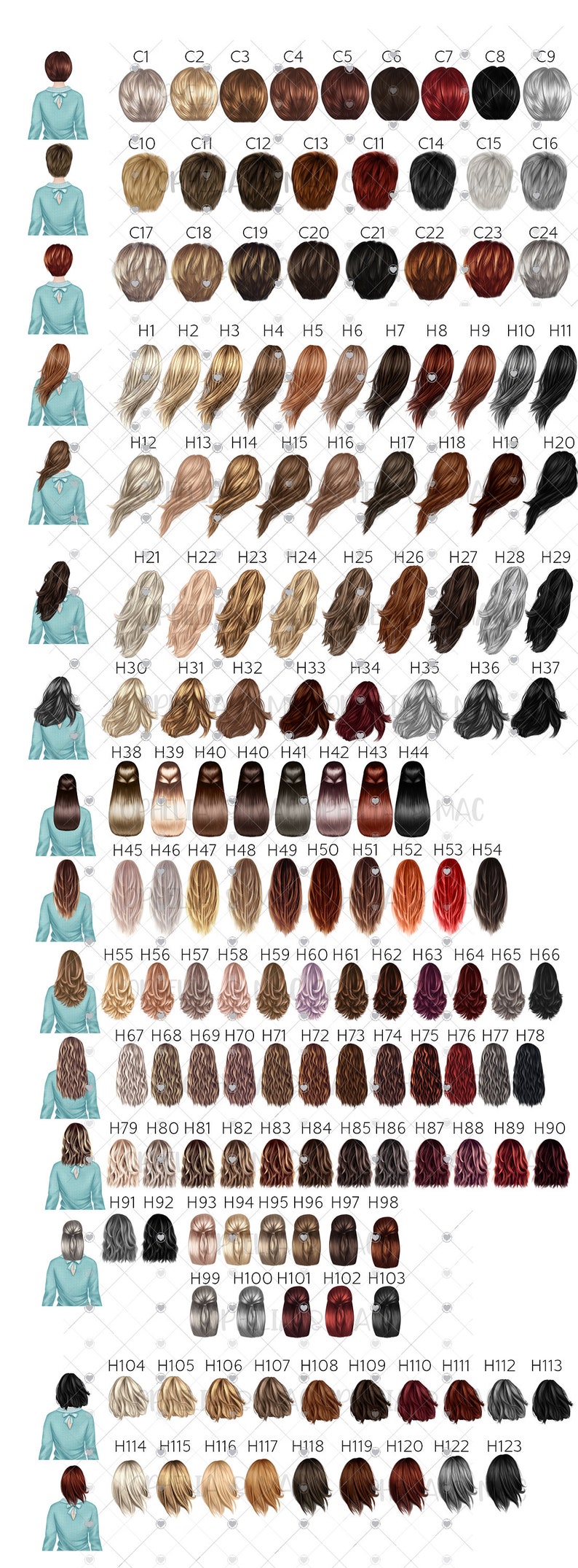 May include: A collection of 123 different hair styles for women. The hair styles are shown from the back and are arranged in rows. The hair colors range from blonde to black and red.