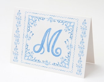 Blue Faience Toile Note Cards with Monogram and white envelopes, Personalized blue watercolor Fold Over Monogrammed Stationery Set