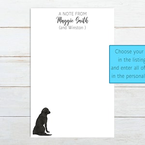 May include: A notecard with a black silhouette of a dog sitting. The text "A Note From Maggie Smith (and Winston)" is at the top of the card. The text "Choose your dog breed in the listing photos and enter all of the names in the personalization box." is in a blue box on the right side of the card.