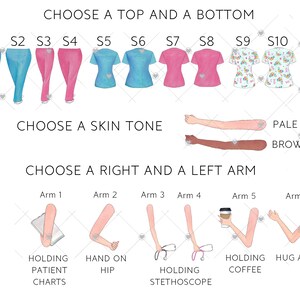 May include: A digital illustration of a customizable nurse avatar. Choose from a variety of tops, bottoms, skin tones, and arm poses. The options include a floral print scrub top, a blue scrub top, a pink scrub top, and a pair of pink pants. The arm poses include holding patient charts, holding a stethoscope, holding coffee, and hugging.