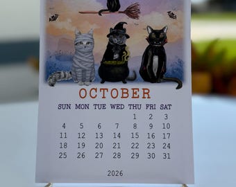 2026 Funny Cat Desk Calendar with optional Easel, Cat Theme, Watercolor Illustration, Small Standing Calendar for Office, Home, or Gift