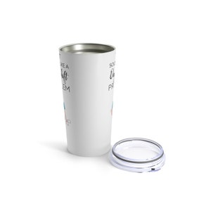 May include: White stainless steel travel mug with a black and white graphic that says "Solve every problem like a shift" and a black and white graphic that says "Some days you just gotta dance like nobody's watching". The mug has a clear lid.