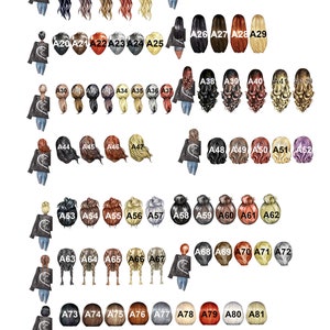 May include: A graphic featuring various hairstyles, each paired with a black jacket and blue jeans. The image includes a range of hair colors and styles, from braids to curls, and text at the top that reads "FOR BEST RESULTS PLEASE CHOOSE BOTH HAIR OPTIONS FROM THE SAME GROUP".