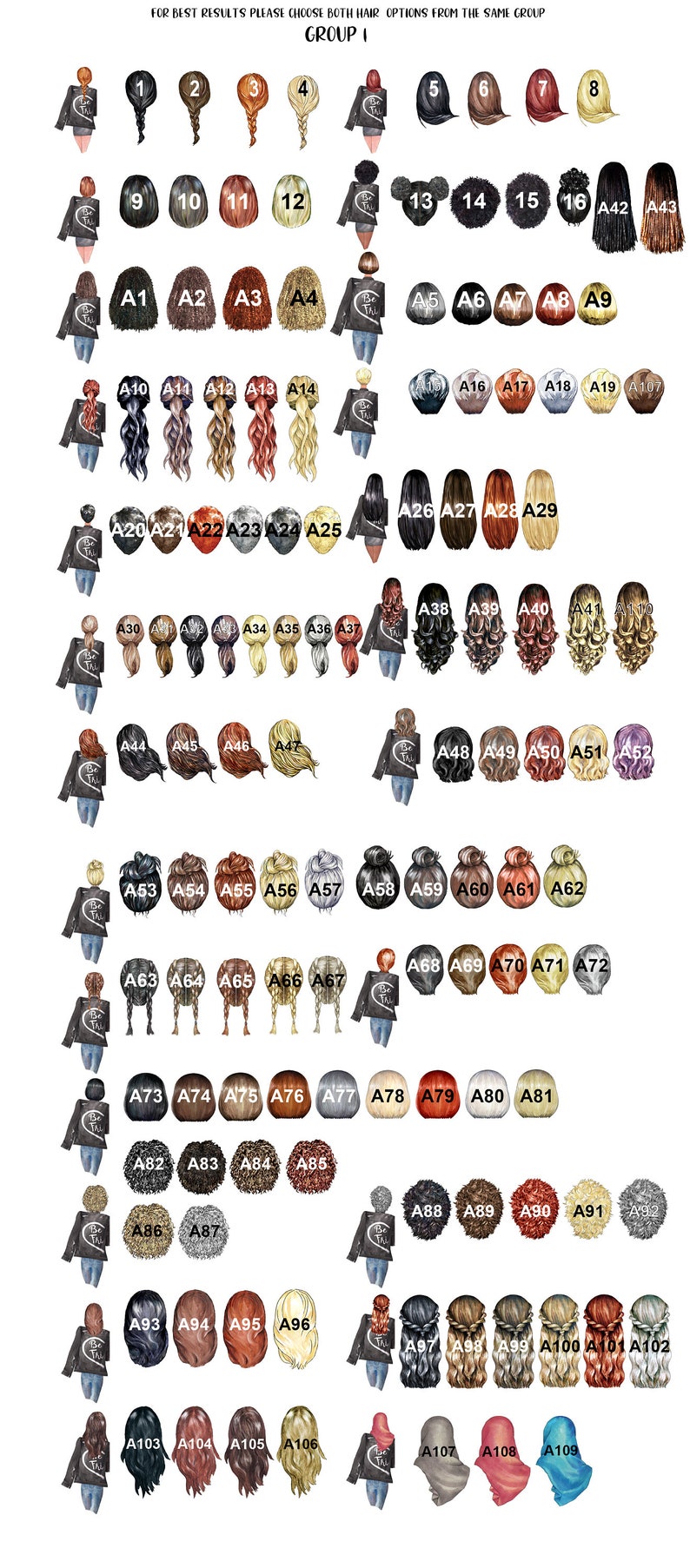 May include: A graphic featuring various hairstyles, each paired with a black jacket and blue jeans. The image includes a range of hair colors and styles, from braids to curls, and text at the top that reads "FOR BEST RESULTS PLEASE CHOOSE BOTH HAIR OPTIONS FROM THE SAME GROUP".