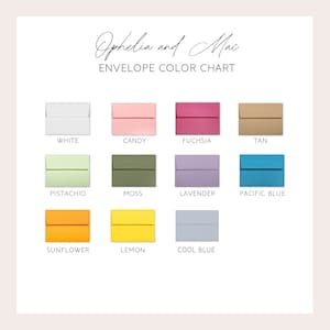 May include: Envelope color chart with 12 different colors: white, candy, fuchsia, tan, pistachio, moss, lavender, pacific blue, sunflower, lemon, cool blue.  Ophelia and Mac ENVELOPE COLOR CHART.