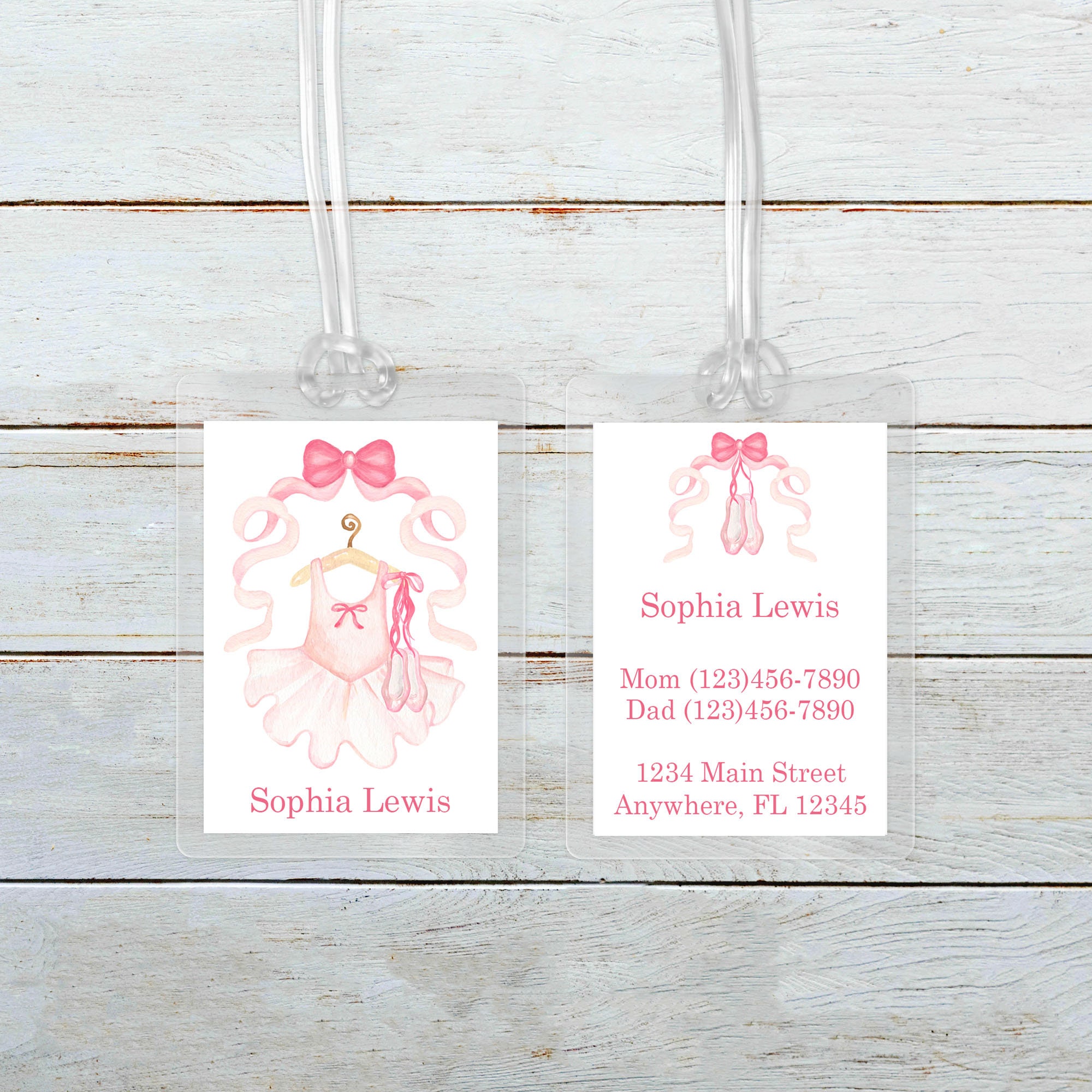 Watercolor ballet personalized Laminated backpack tag, dance bag tag, lunch box tag, diaper bag tag,  back to school