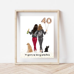 40th Birthday best friend with pets print, 40 years of being fabulous, 40 birthday gift for women, best friend birthday print , personalized