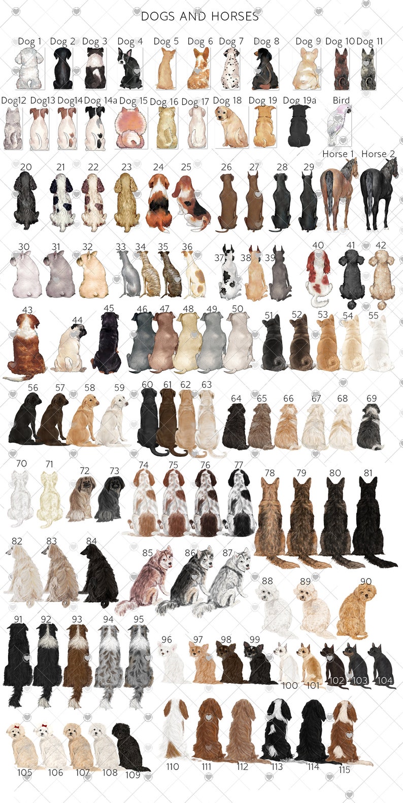 Puede incluir: Una ilustraci&oacute;n digital de 115 perros y 2 caballos, todos sentados y mirando al espectador. Los perros son de varias razas y colores, y los caballos son marr&oacute;n y negro. La ilustraci&oacute;n est&aacute; numerada del 1 al 115, con cada n&uacute;mero correspondiente a un perro o caballo diferente.