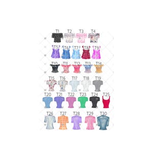 May include: A collection of 30 different tops and dresses, each labeled with a "T" number. The tops and dresses are in various colors and styles, including off-the-shoulder, floral, and solid colors. The image is on a white background.