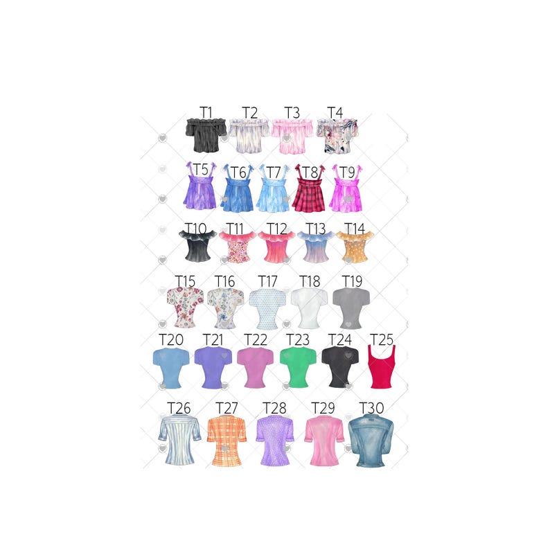 May include: A collection of 30 different tops and dresses, each labeled with a "T" number. The tops and dresses are in various colors and styles, including off-the-shoulder, floral, and solid colors. The image is on a white background.