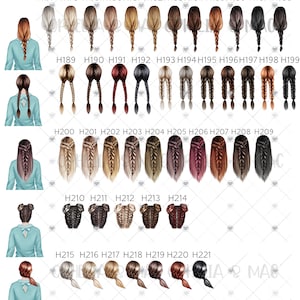 May include: A collection of illustrations showcasing various braided hairstyles in different colors, including blonde, brown, and black. Each hairstyle is labeled with a number, offering a diverse selection for design or reference.