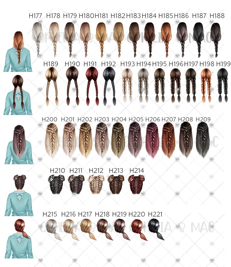May include: A collection of illustrations showcasing various braided hairstyles in different colors, including blonde, brown, and black. Each hairstyle is labeled with a number, offering a diverse selection for design or reference.