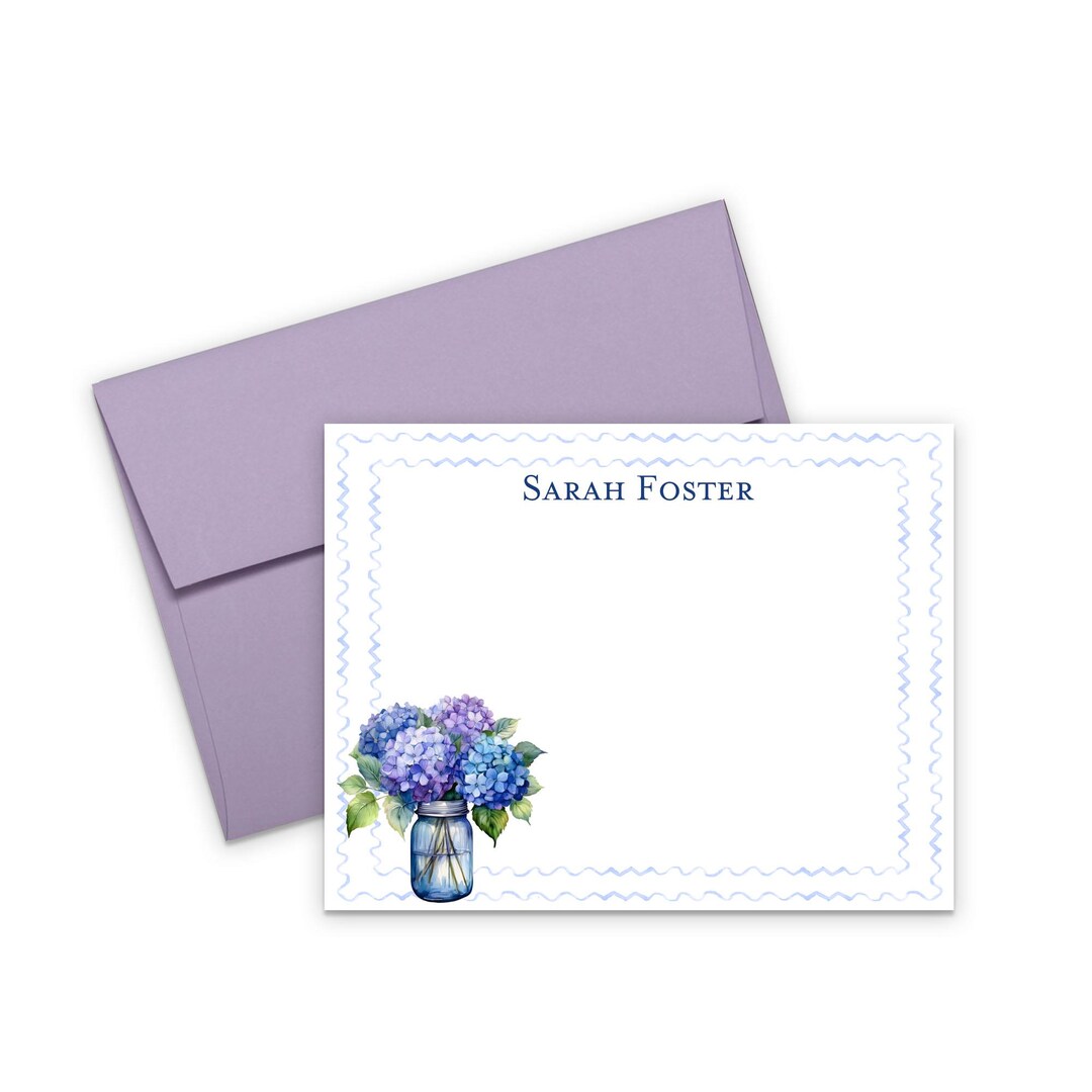Personalized Hydrangea Stationery Cards, Flat Note Cards With Name ...