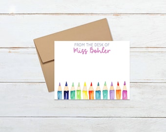 Personalized teacher FLAT note cards, teacher gift, teacher appreciation gift, customized back to school stationery,  pencil stationery