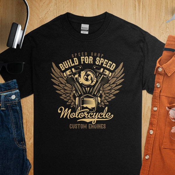 T-shirt vintage avec moteur de moto, t-shirt personnalisé Speed Shop, chemise motard rétro, streetwear décontracté, vêtements de motard urbain