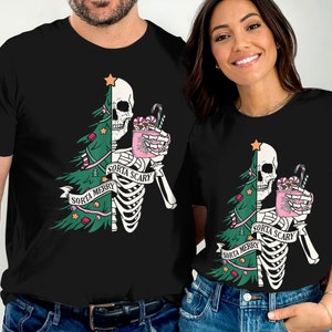 Vintage Skeleton Christmas Tree Tee, Spooky Festive T-Shirt, Sorta Merry Sorta Scary, Fun Holiday Graphic Tee, Skeleton Xmas Shirt