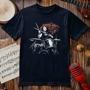Drummer Girl T-Shirt, Cool Musician Graphic Tee, Rock Band Shirt, Gift for Music Lovers, Trendy Concert Outfit, Stylish Drum Design