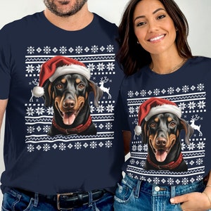 T-shirt kersthond, kerstmuts dobermann print, leuk vakantie-T-shirt, feestelijke hondenliefhebber top, unieke kersthuisdierkleding