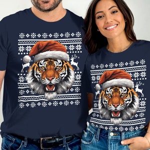 Christmas Tiger Santa Hat T-Shirt, Fierce Tiger Winter Holiday Tee, Fun Animal Lovers Christmas Shirt, Unique Xmas Gift