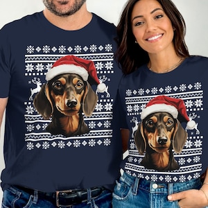 Cute Dachshund Christmas T-Shirt, Dachshund with Santa Hat Tee, Holiday Dog Lover Shirt, Festive Dachshund Graphic Tee