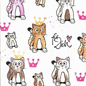 May include: A white background with a repeating pattern of cartoon cats wearing gold crowns. The cats are in various poses and have different colored fur. The text "f&uuml;r Dich" is written in black cursive script.