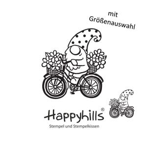 Gnomo in bicicletta, in due misure, gnomo estivo, vacanza, buon umore, fiori, consegna, primavera, puntini, timbro creativo