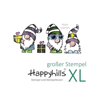 drei Wichtel Stempel XL, Wichtel mit Geschenk, cool und lustig, Wichtelmännchen für Weihnachten, von Happyhills