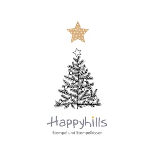 Kerstboomstempel met balletjes en naalden met een ster, een prachtige kerstboom met versieringen, zoals op een kerstmarkt, van Happyhills