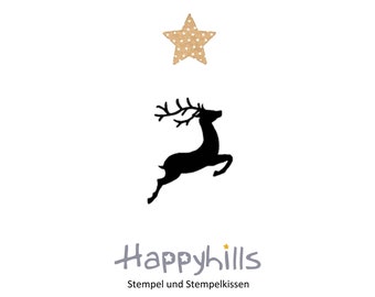 Rentier & Hirsch Stempel von Happyhills zieht Schlitten von Santa Claus, Waldbewohner, ländlich, Reh, Wildtier, Geweih, Weihnachtsmann, Elch