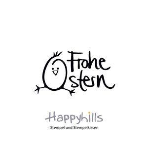Frohe Ostern mit Küken Holzstempel von Happyhills, Osterkarten selber stempeln, Eierschale, süßes Ostermotiv, Osterei von Happyhills 12016