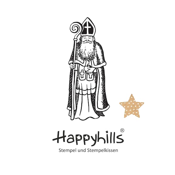 Bischof traditionell mit Mitra und Stab,  Nikolaus, Weihnachtsmann, Hüter, Kirche zur Weihnachtszeit, Apfel,  von Happyhills