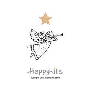 Timbro d'angelo, con ali e tromba, vola e canta una bellissima canzone di Natale, adatta per il periodo natalizio di Happyhills