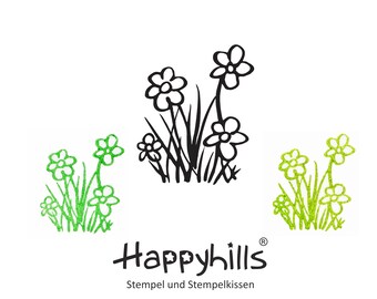 Grass with flowers wooden stamp by Happyhills, flower meadow, flowers, Easter, spring (10421)