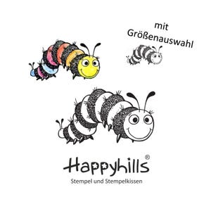 Timbro bruco in due dimensioni, il bruco vorace più piccolo diventerà presto una farfalla, un verme, un millepiedi da giardino di Happyhills