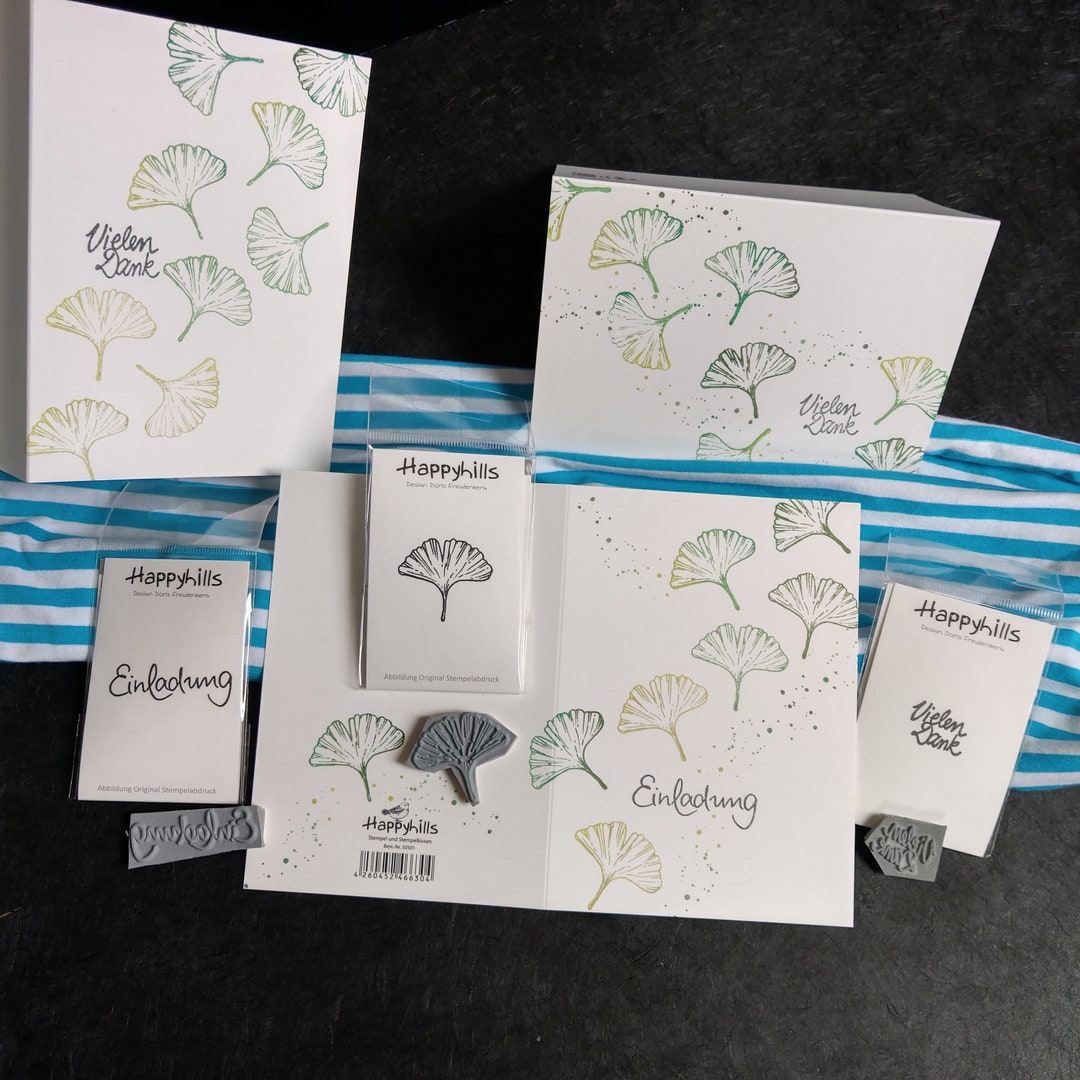 Stempelgummi Ginkgo, Einladung und Vielen Dank im Set oder Einzeln zum