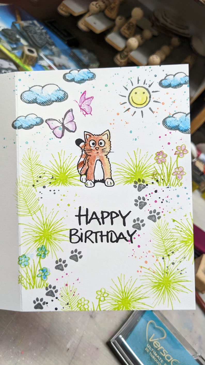May include: A handmade greeting card with a cartoon cat, butterflies, clouds, a sun, and flowers. The card says "Happy Birthday" in black marker.