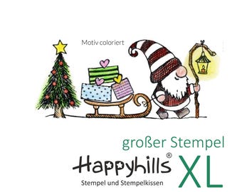 Gnome with sleigh stamp XL, with sleigh, lantern and fir tree gnome for Christmas, by Happyhills