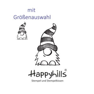 Kabouter Zottel stempel in drie maten, een harige, lieve kabouter met dikke neus en baard, in de kersttijd, kabouterpost van Happyhills