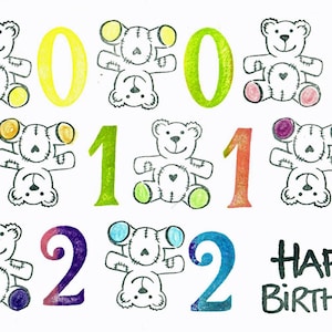 Op de afbeelding: Een kleurrijke kaart met de getallen 0, 1 en 2 die meerdere keren worden herhaald. Elk getal wordt omringd door een teddybeerillustratie. De kaart zegt "Happy Birthday" met een zwarte stift.