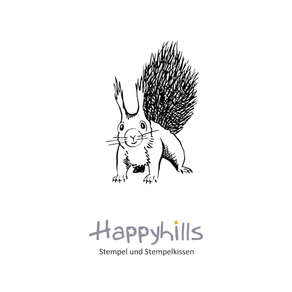 Eichhörnchen, frecher Stempel von Happyhills, es springt ganz aufgeregt und sucht das Nüsschen, schöne Weihnachtskarten, Herbstmotiv