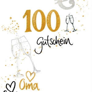 Op de afbeelding: Een gouden cadeaubon voor 100 euro met de woorden "Gutschein" en "Oma" en "Opa" in het zwart. De achtergrond is wit met gouden glitter.