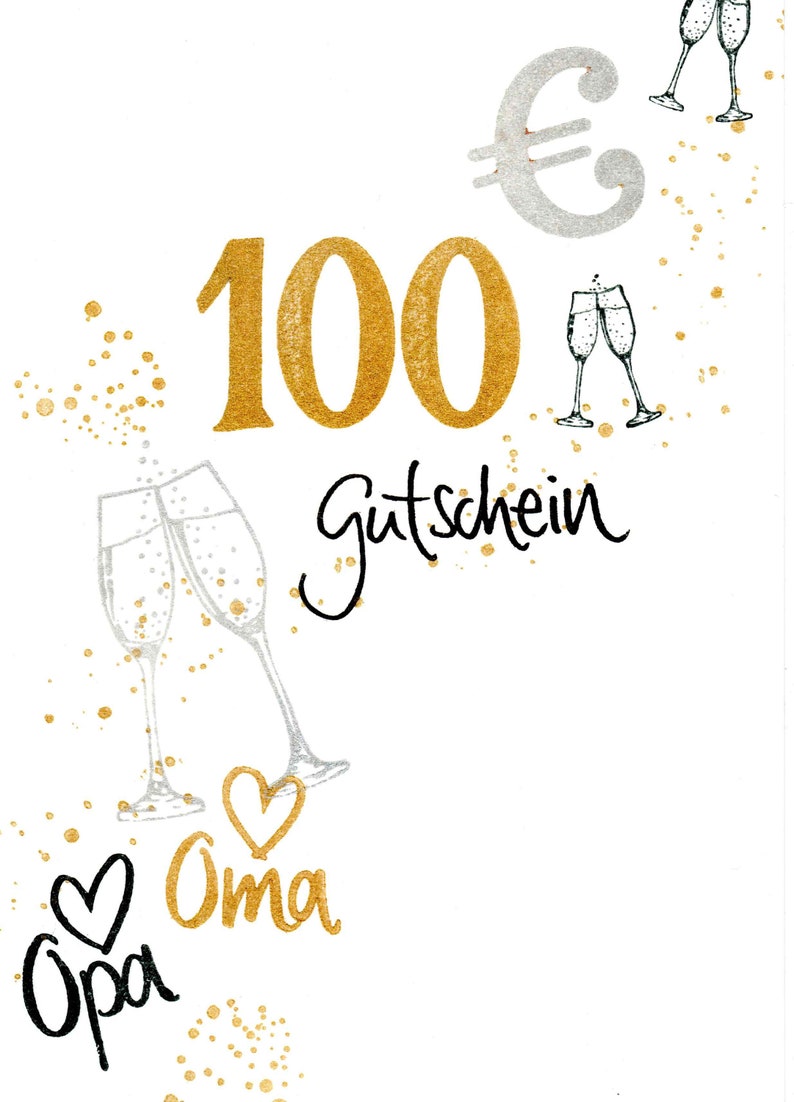 Op de afbeelding: Een gouden cadeaubon voor 100 euro met de woorden "Gutschein" en "Oma" en "Opa" in het zwart. De achtergrond is wit met gouden glitter.