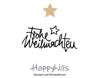 Vrolijk kerstfeest-stempel in echt handschrift met een klein sterretje, voor uw kerstgroet van Happyhills, verschillende formaten