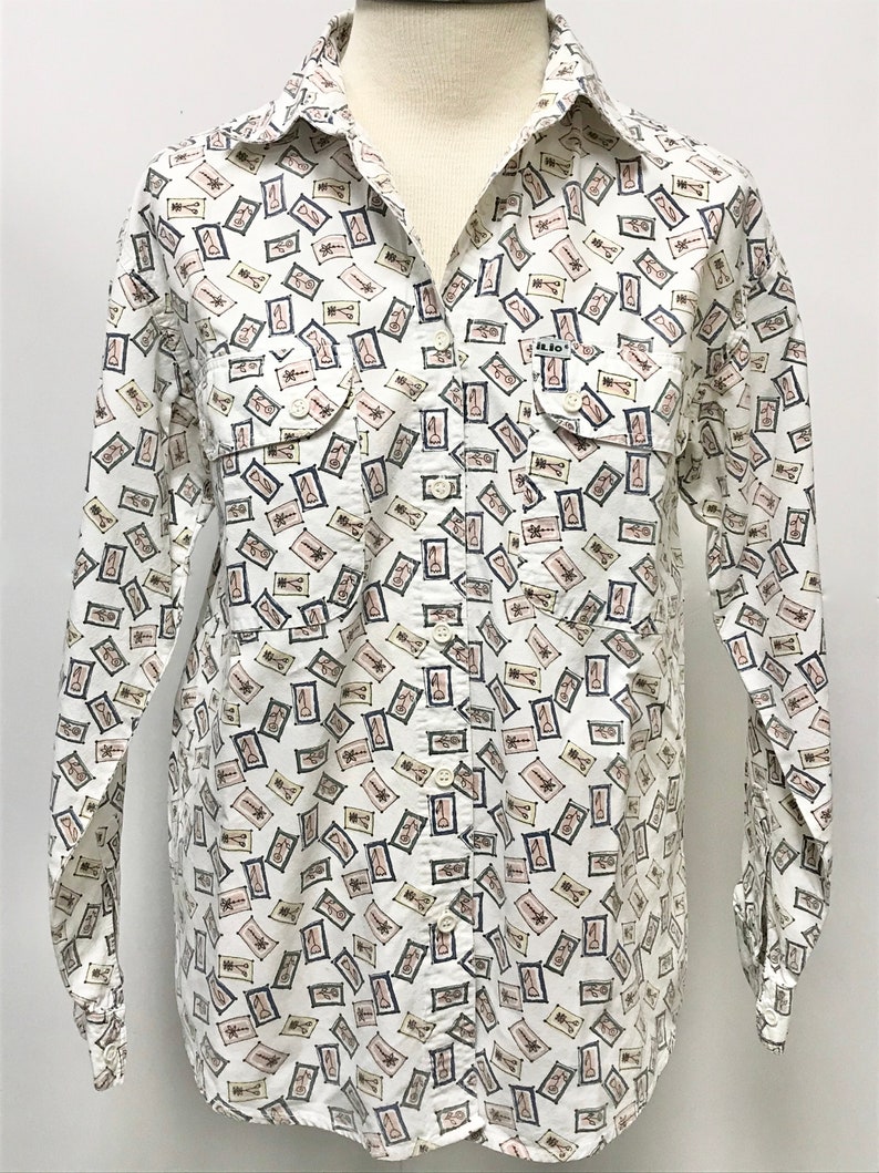Size Women Medium Oversize Pockets Abstract 90s 1990s Long Sleeve Button Up Shirt Floral White
